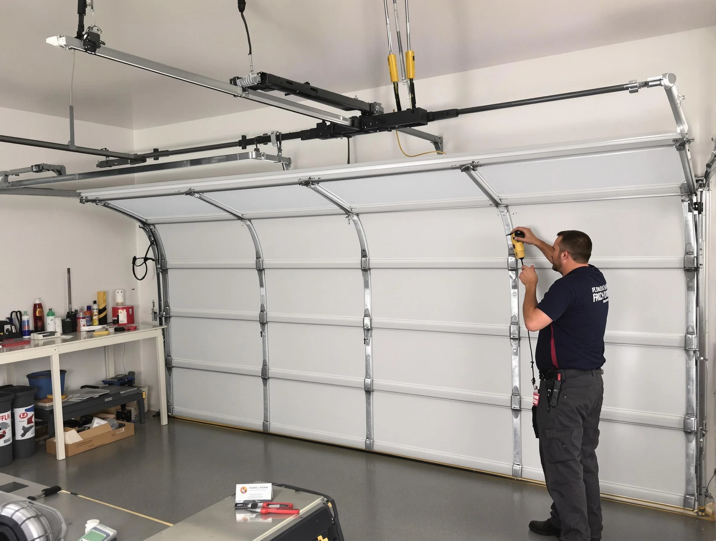 Morris Garage Door Repair certified technician performing overhead door system repair in Morris