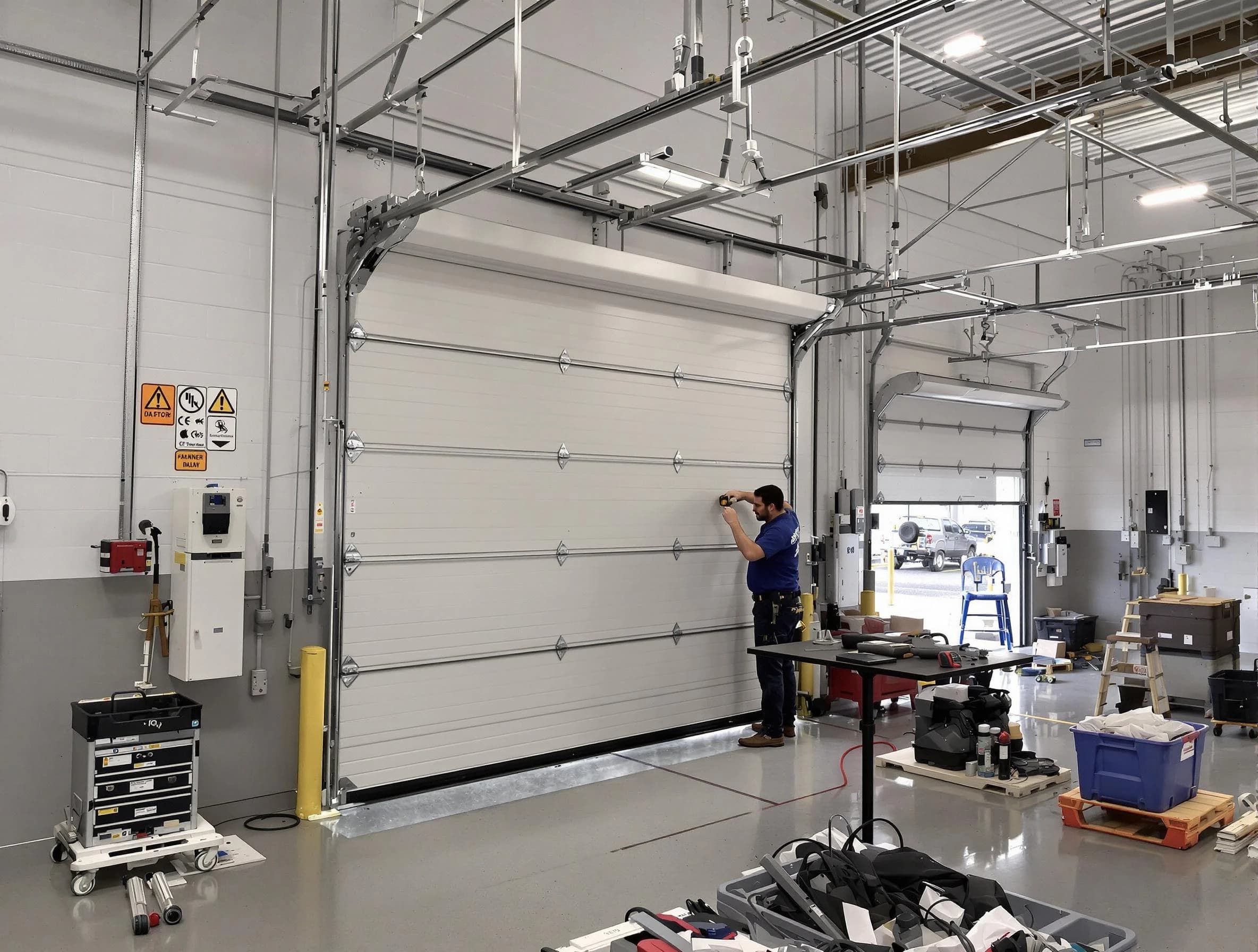 Commercial garage door repair being performed by Morris Garage Door Repair expert in Morris