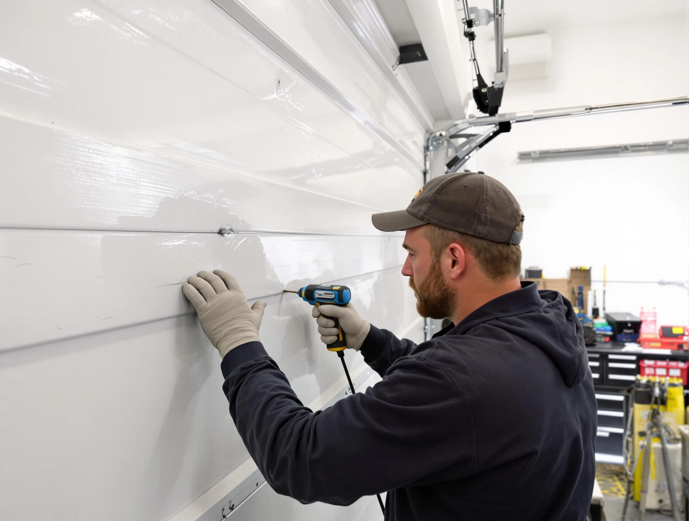 Morris Garage Door Repair technician demonstrating precision dent removal techniques on a Morris garage door